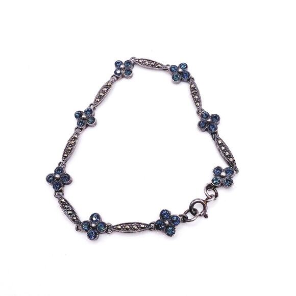 Vntg Sterling Silver With Blue Crystal and Marcasite Flowers Bracelet - Picture 4 of 5
